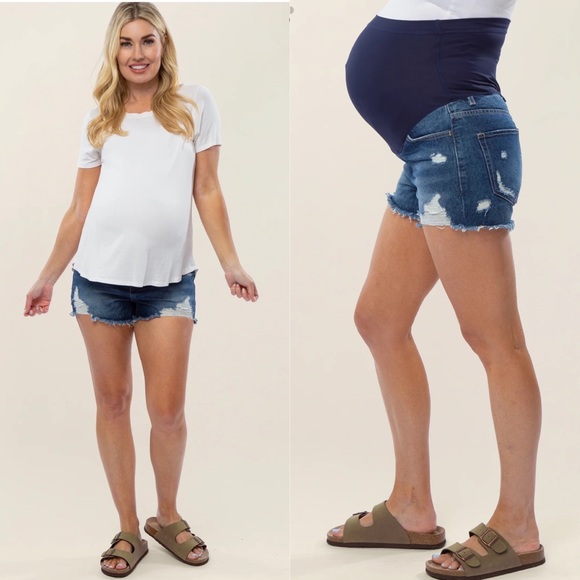 Pinkblush Dark Wash Distressed Raw Hem Maternity Full Panel Shorts - Picture 8 of 8